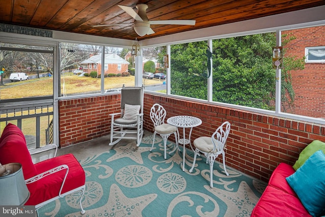 sunroom / solarium featuring ceiling fan and wooden ceiling