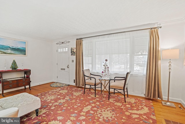 interior space with wood-type flooring and ornamental molding