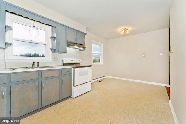 kitchen with pendant lighting, white electric range oven, sink, and a baseboard radiator