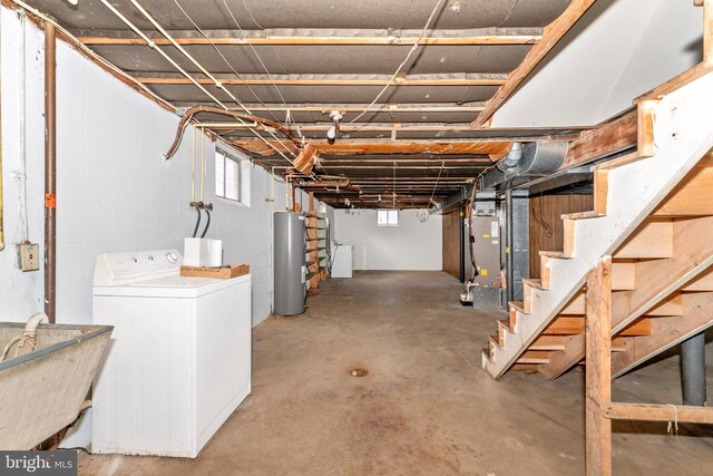 basement featuring washer / clothes dryer, water heater, sink, and heating unit