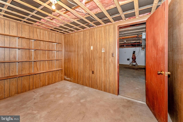 basement featuring wood walls