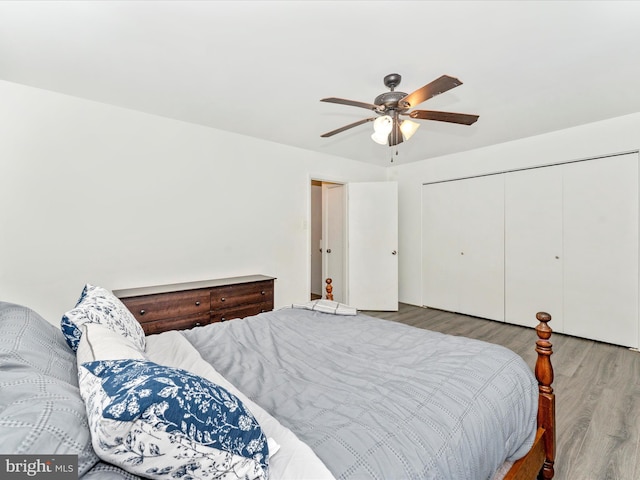 bedroom with hardwood / wood-style floors, ceiling fan, and a closet