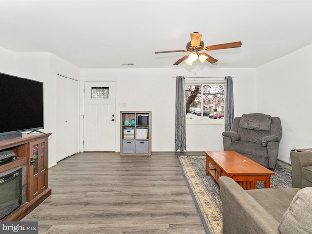 living room featuring ceiling fan and wood-type flooring