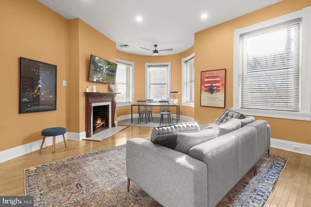 living room featuring hardwood / wood-style flooring and ceiling fan