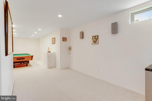 recreation room featuring baseboards, billiards, light colored carpet, and recessed lighting