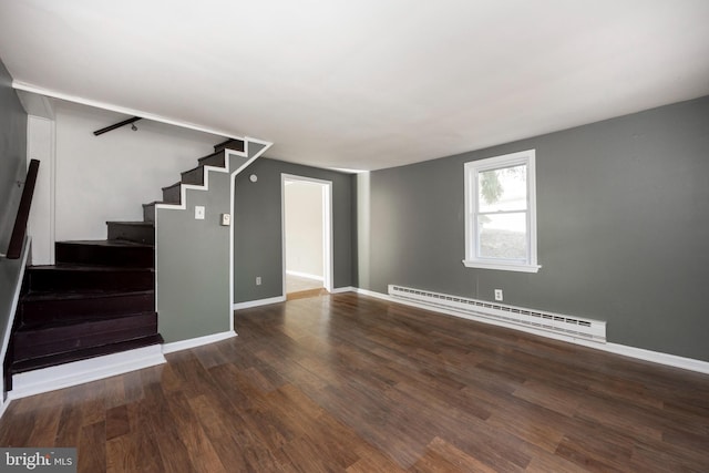 unfurnished living room with dark hardwood / wood-style floors and a baseboard radiator