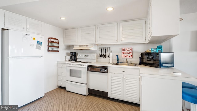 kitchen with sink, white cabinets, white appliances, and ventilation hood