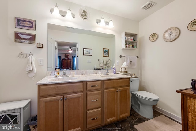 bathroom with vanity, ceiling fan, and toilet