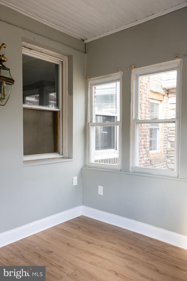 spare room with wood-type flooring and wooden ceiling