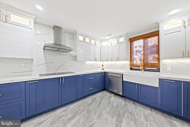 kitchen featuring sink, wall chimney exhaust hood, stainless steel dishwasher, black electric cooktop, and white cabinets