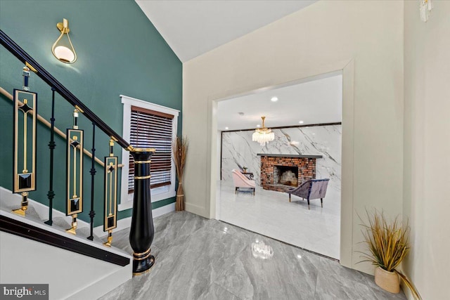 foyer entrance with a fireplace