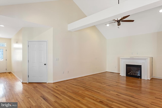 101 Forget Me Not Dr, White Post, VA 22663 - unfurnished living room with light wood-style floors, a ceiling fan, recessed lighting, baseboards, and a glass covered fireplace