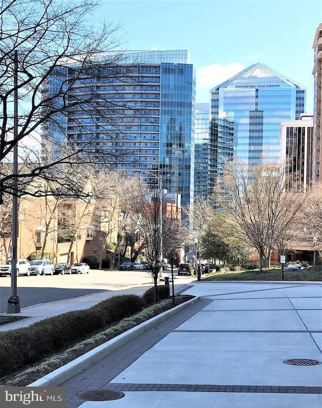 view of street with a city view, curbs, and sidewalks