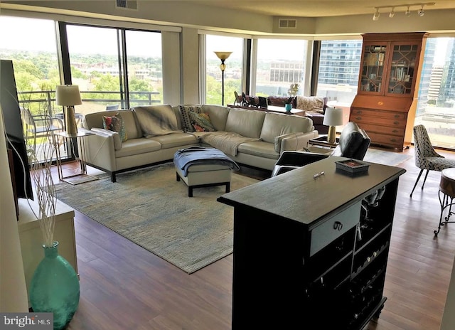 living room with plenty of natural light, wood finished floors, and visible vents