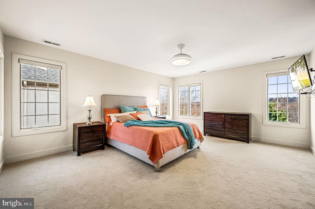 carpeted bedroom with multiple windows