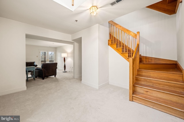 stairway featuring carpet flooring