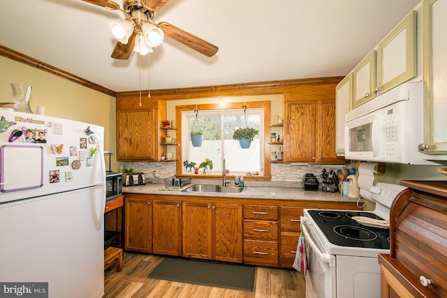 kitchen with backsplash, sink, white appliances, and light hardwood / wood-style flooring