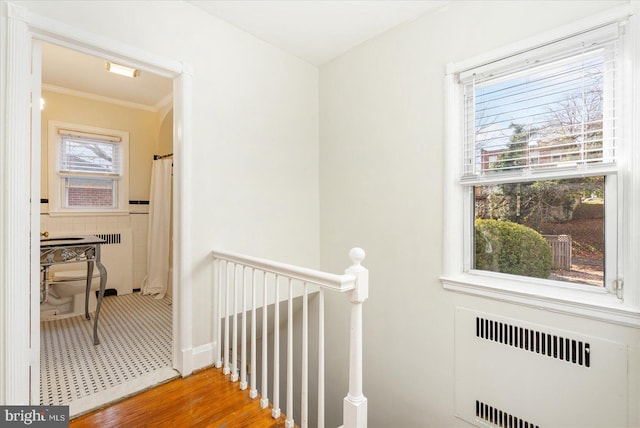 841 E Belvedere Ave E, Baltimore, MD 21212 - corridor featuring radiator, an upstairs landing, wood finished floors, crown molding, and wainscoting