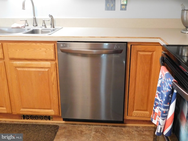 kitchen featuring stainless steel dishwasher, sink, and black range with electric cooktop