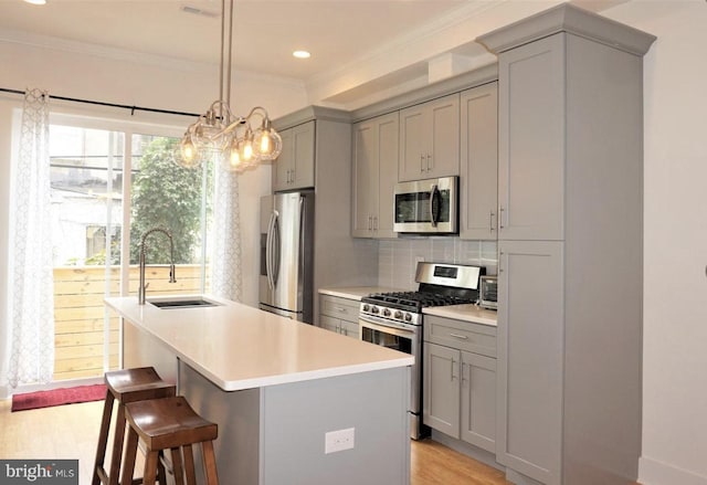 kitchen with gray cabinetry, sink, appliances with stainless steel finishes, and light hardwood / wood-style flooring