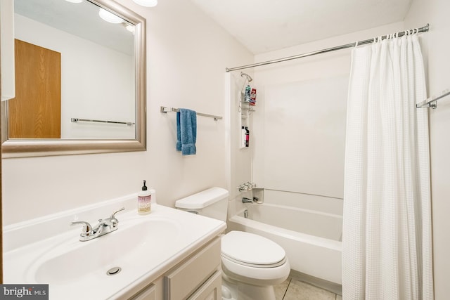 full bathroom with toilet, vanity, tile patterned floors, and shower / bath combo with shower curtain