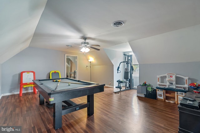 rec room featuring dark hardwood / wood-style flooring, ceiling fan, lofted ceiling, and pool table