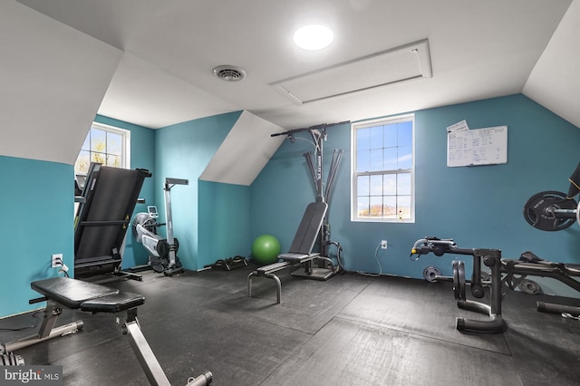 exercise room featuring lofted ceiling