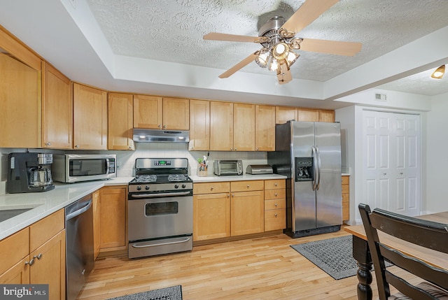 kitchen featuring a raised ceiling, stainless steel appliances, a textured ceiling, and light hardwood / wood-style floors