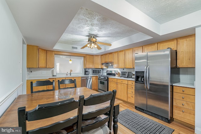 kitchen with sink, stainless steel appliances, a raised ceiling, light hardwood / wood-style floors, and a textured ceiling