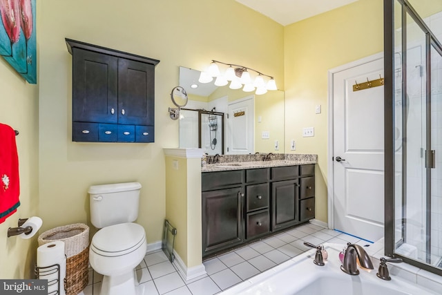 full bathroom featuring tile patterned floors, vanity, toilet, and shower with separate bathtub