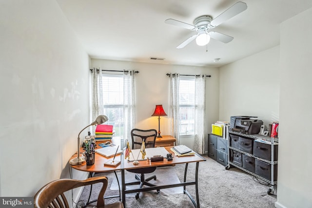 office featuring ceiling fan and carpet floors