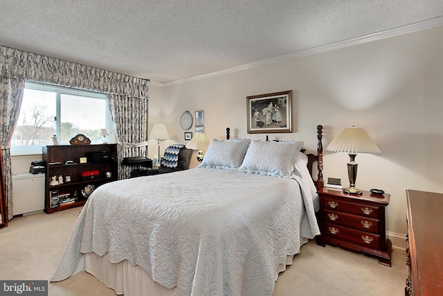 bedroom featuring crown molding, light colored carpet, and a textured ceiling