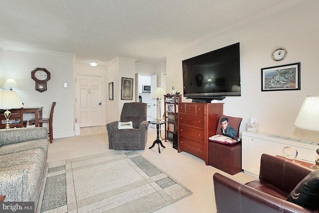 living room with light carpet and crown molding