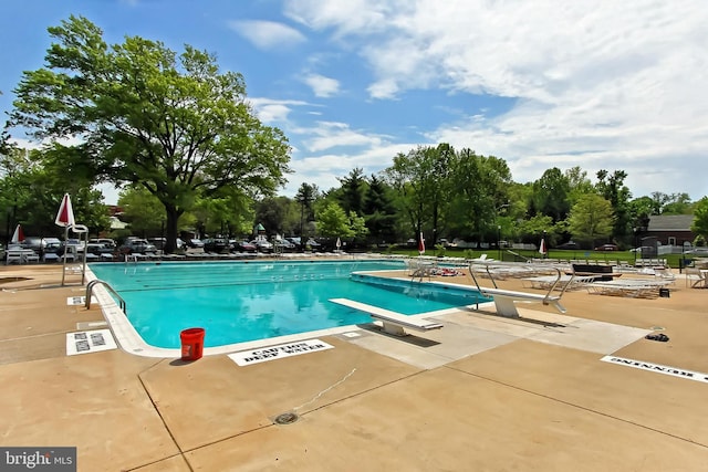 view of pool with a patio area and a diving board