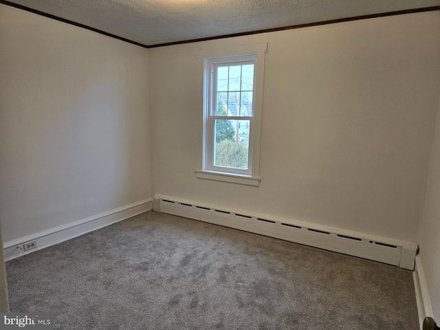 unfurnished room featuring baseboard heating, carpet floors, and a textured ceiling