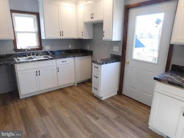 kitchen featuring white cabinets, wood-type flooring, and sink