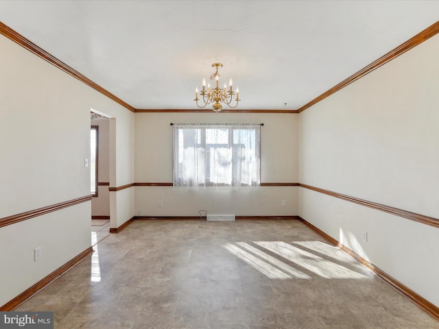 empty room with an inviting chandelier and ornamental molding