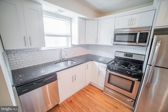 kitchen with white cabinetry, sink, light wood-type flooring, and appliances with stainless steel finishes