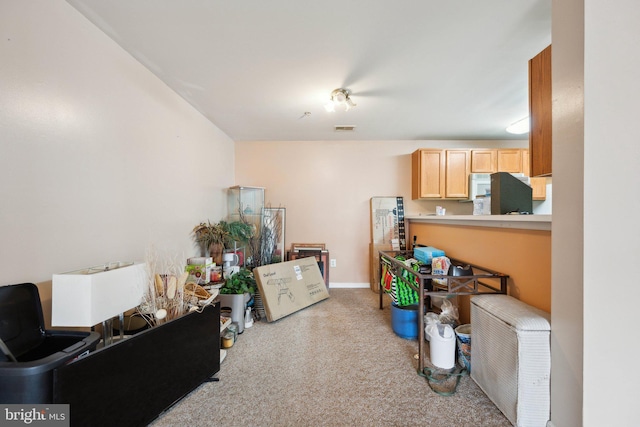 kitchen featuring light carpet and light brown cabinetry