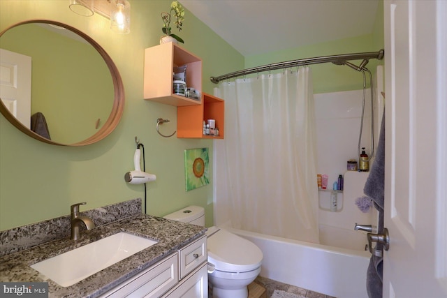 bathroom with shower / bath combination with curtain, vanity, and toilet