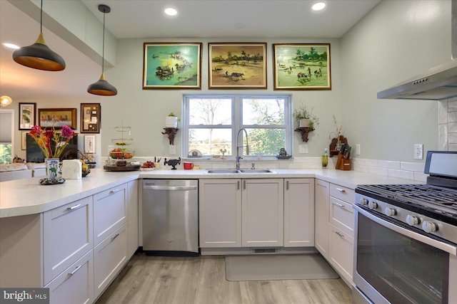 kitchen with stainless steel appliances, a sink, light countertops, and range hood