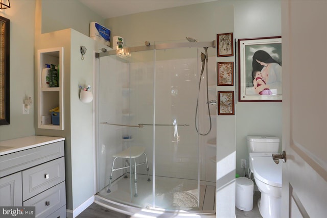 full bathroom with a stall shower, vanity, and toilet