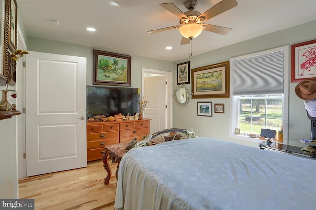 bedroom with ceiling fan, light wood-style flooring, and recessed lighting