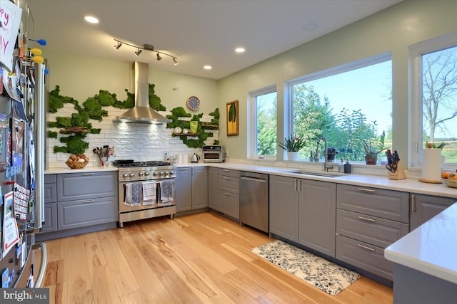 kitchen with light wood-style flooring, appliances with stainless steel finishes, gray cabinets, wall chimney range hood, and a sink