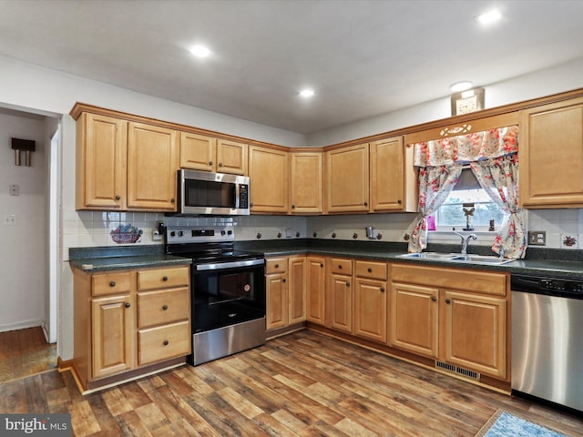 kitchen with dark wood finished floors, tasteful backsplash, dark countertops, appliances with stainless steel finishes, and a sink