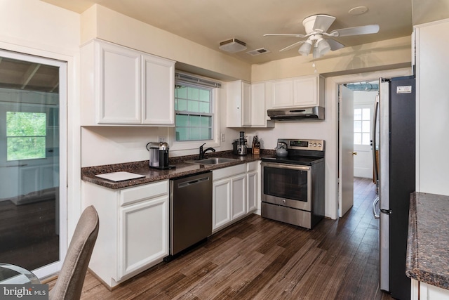 kitchen featuring white cabinets, sink, ceiling fan, appliances with stainless steel finishes, and dark hardwood / wood-style flooring