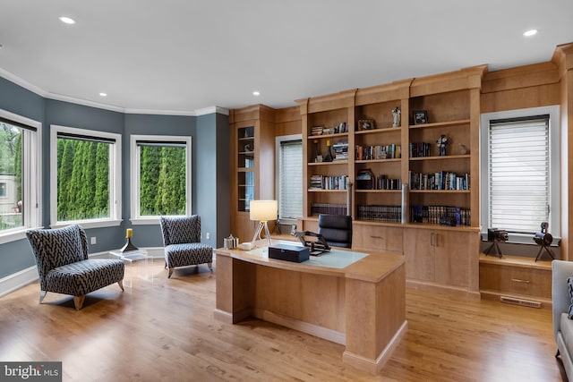 office space with light hardwood / wood-style floors, a healthy amount of sunlight, and crown molding