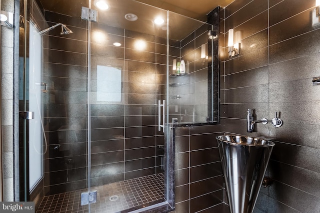 bathroom featuring a shower with door