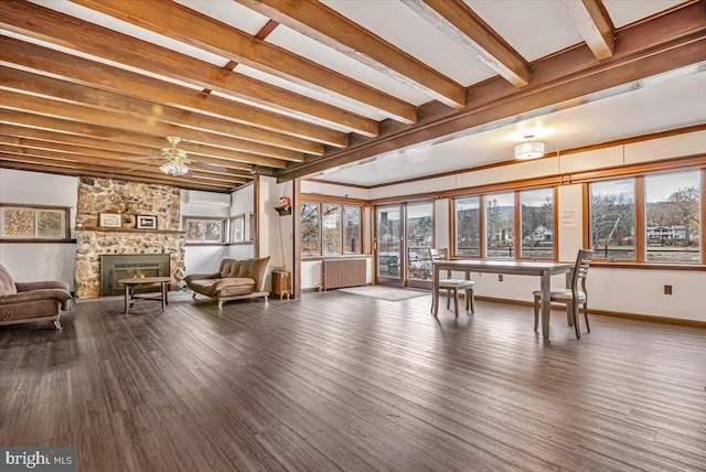 5449 Depues Rd, Bangor, PA 18013 - sitting room featuring a ceiling fan, baseboards, a stone fireplace, wood finished floors, and beamed ceiling