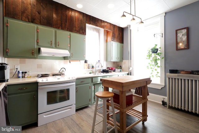 kitchen featuring white range with electric stovetop, light hardwood / wood-style floors, plenty of natural light, and radiator